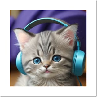 Cute kitty with his headphones Posters and Art